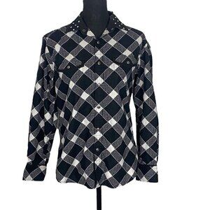 AURUM Women Snap Front Collar Long Sleeve Shirt Black Sz S Black White 7A-10